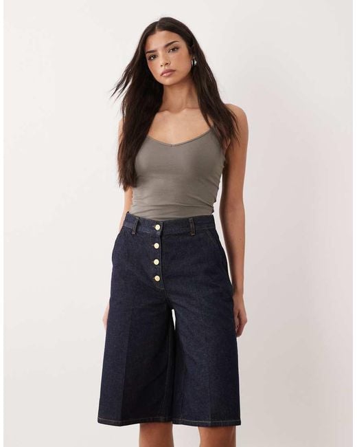 ASOS Blue Wide Leg Denim Bermuda Short With Gold Button