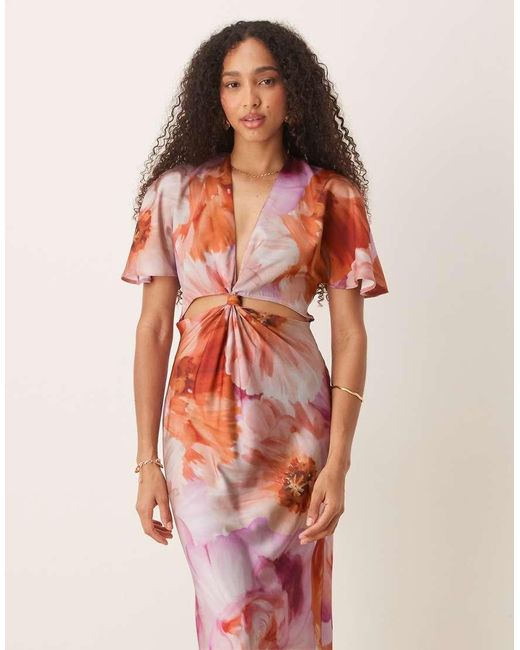 ASOS Satin Knot Detail Cutout Midi Dress Pink Orange Floral