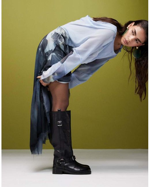 ASOS Black Cora Leather Harness Biker Knee Boots