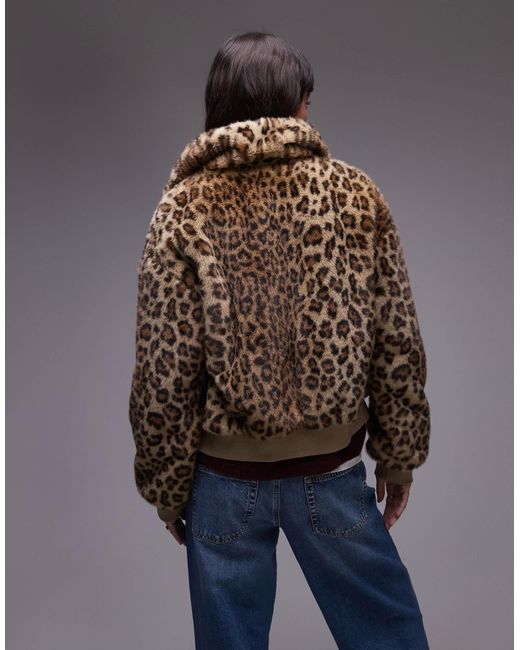 Mango Brown Zip Up Leopard Print Fur Jacket
