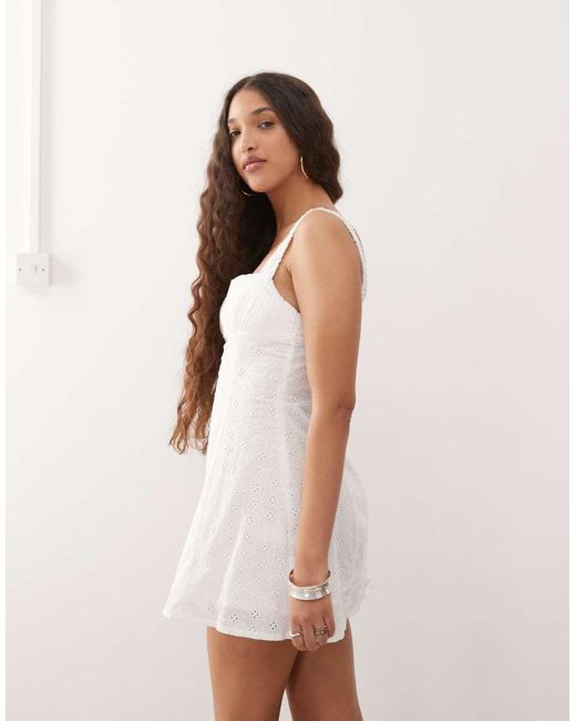 Lioness White Olsen Cotton Eyelet Gathered Bust Detail Strappy Mini Dress