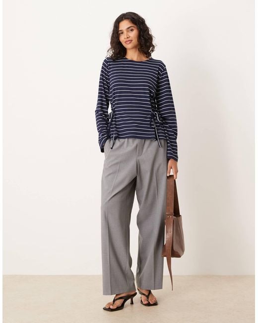 ASOS Blue Long Sleeve Stripe Tie Side Cinched Detail Top