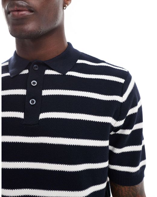 Brave Soul Blue Textured Knit Striped Polo for men