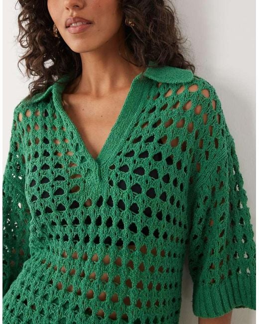 ASOS Green Beach Crochet Collared Short Sleeve Top