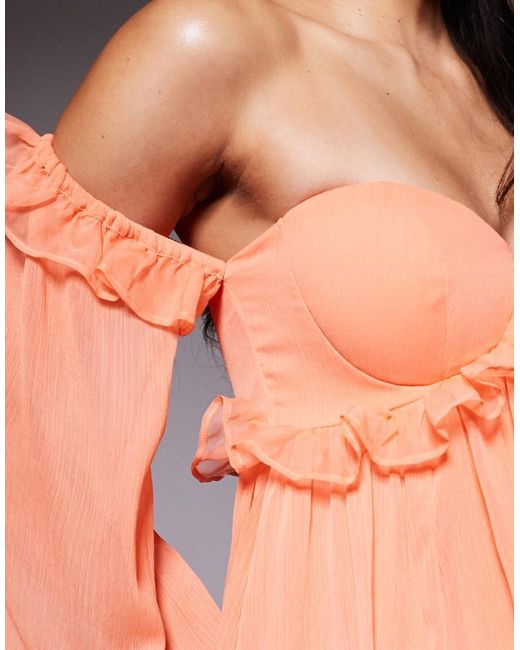 ASOS Orange Cupped Bardot Maxi Dress With Ruffle Detail