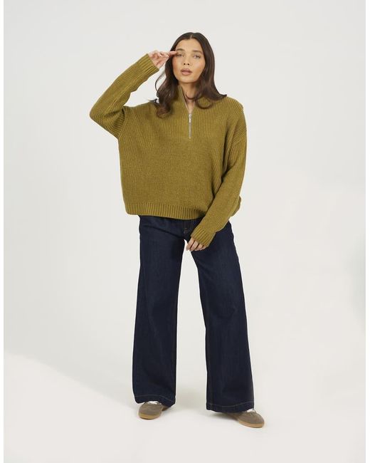 Brave Soul Green Half Zip Funnel Neck Fisherman Knit Jumper