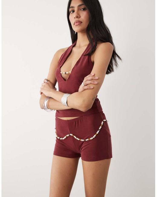Motel Red Nissa Mini Shorts Wtih Pearl Detail