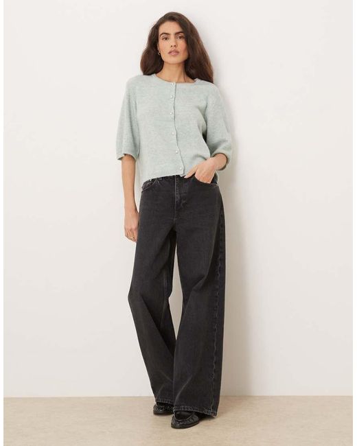 Jdy Gray Pearl Buttons Short Sleeve Knitted Cardigan