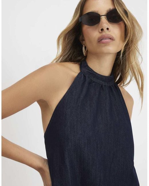 River Island Blue Denim Tie Neck Bubble Hem Mini Dress