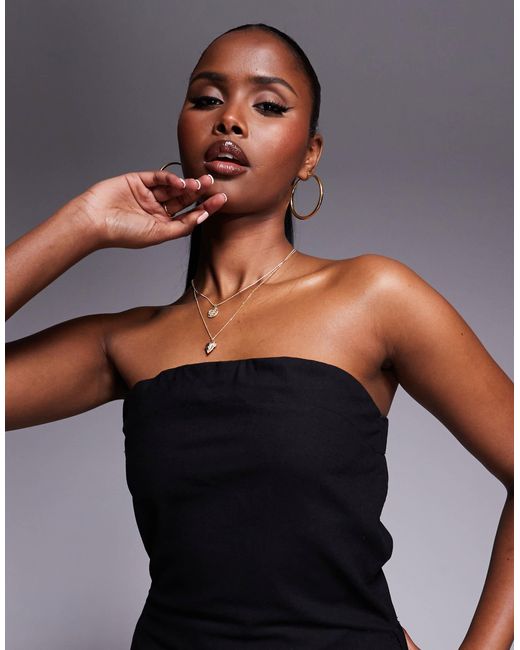 Kaiia Black Linen Look Bandeau Asymmetric Tie Side Top Co-Ord