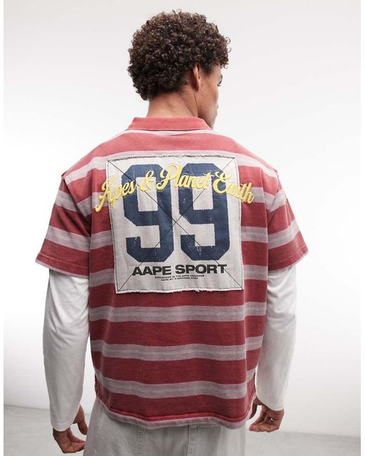 Aape By A Bathing Ape Red Aape By A Bathing Ape Oversized Striped Polo for men