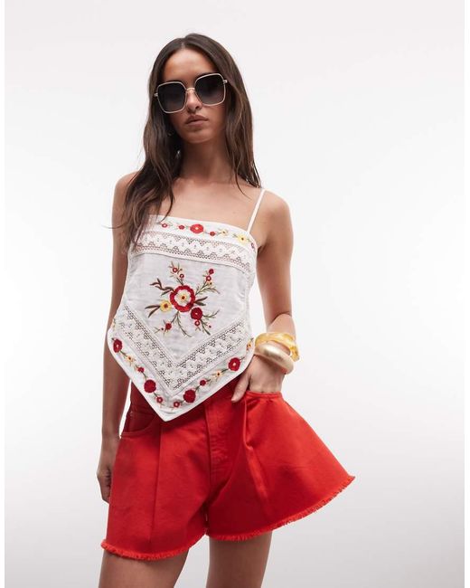 ASOS Red Denim Frayed Hem Short