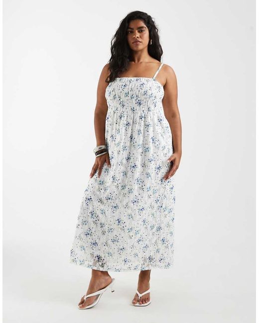 Pieces Plus Blue Pieces Curve Smocked Lace Cami Maxi Dress
