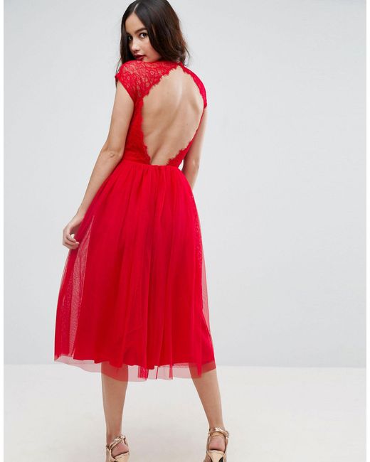 ASOS Red Asos Premium Lace Tulle Midi Prom Dress