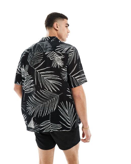 ASOS Black Relaxed Revere Shirt With Leaf Print for men