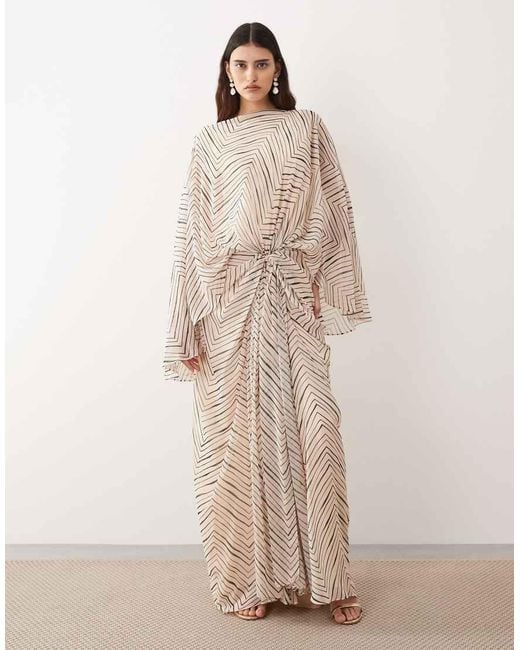 ARRANGE Natural Drop Waist Grecian Draped Cape Sleeve Maxi Dress