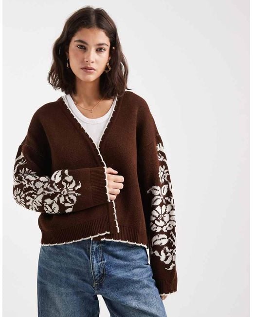 Miss Selfridge Brown Floral Stamp Blanket Stitch Cardigan