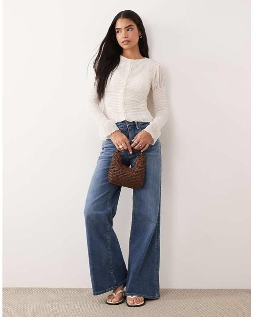 ASOS White Mesh Shirred Button Down Long Sleeve Top