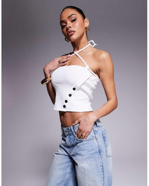 Top Con Cuello Halter Y Botones De Canalé De Liquor N Poker de color Blue