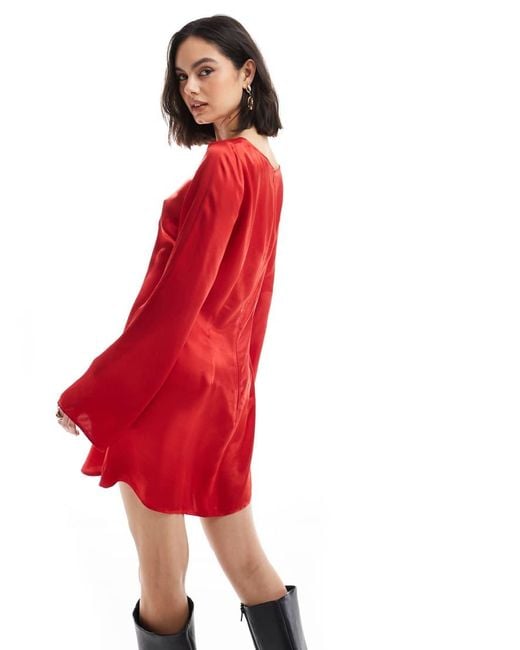Miss Selfridge Red Satin Fit And Flare Long Sleeve Dress