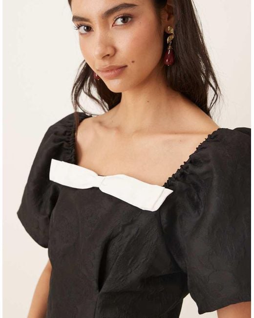 Sister Jane Natural Cocktail Puff Sleeve Contrast Bow Detail Mini Dress