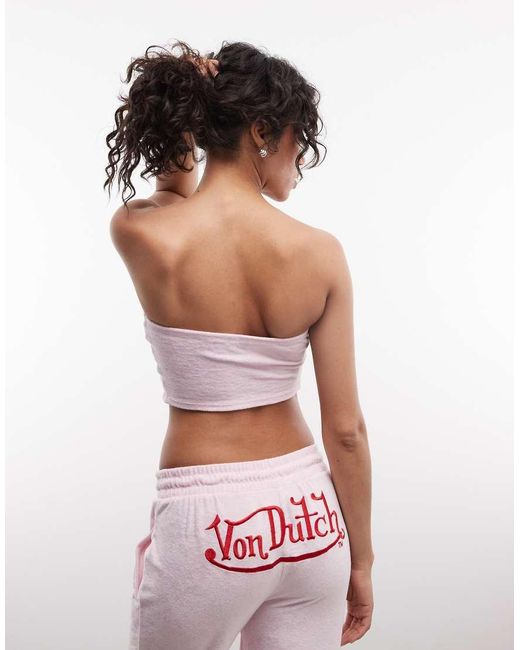 Von Dutch White 3 Piece Y2K Cropped Bandeau Velour Top With Contrast Graphic