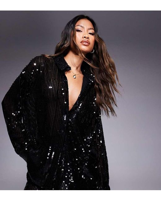 Kaiia Black Exclusive Premium Oversized Sequin Shirt Co-ord