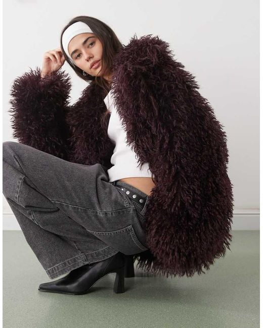 Monki Black Oversized Short shaggy Faux Fur Coat With Collar Detail