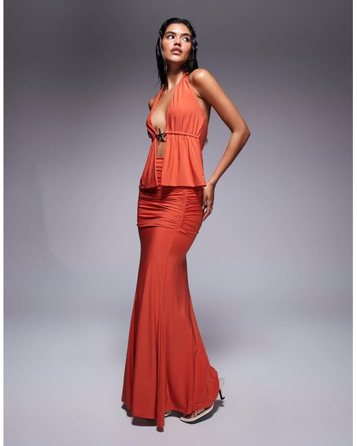 Fashionkilla Red Double Sculpted Slinky Starfish Metal Trim Halterneck Peplum Top Co-ord