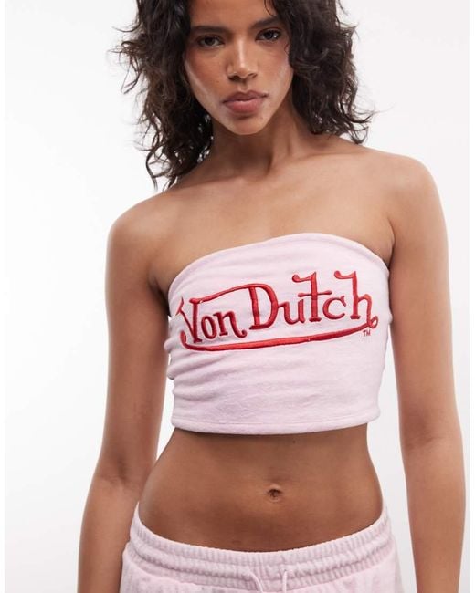 Von Dutch White 3 Piece Y2K Cropped Bandeau Velour Top With Contrast Graphic
