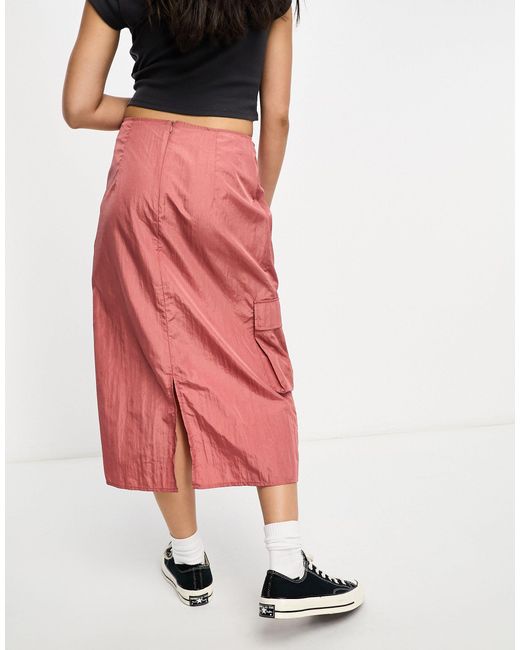 ONLY Red Ruched Detail Midi Cargo Skirt
