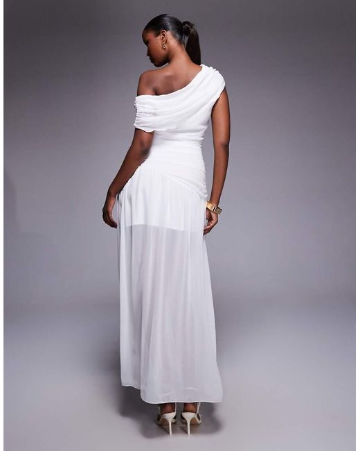 Fashionkilla Purple Exclusive Off The Shoulder Asymmetric Chiffon Maxi Dress With Gathered Sheer Hem