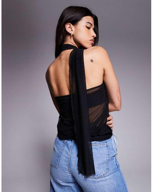 Fashionkilla Black Exclusive Sheer Mesh Neck Tie Top