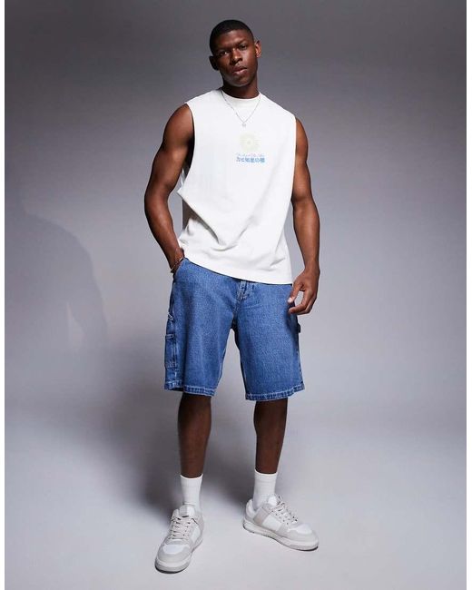 River Island Blue Japanese Moon And Dragon Back Print Tank for men