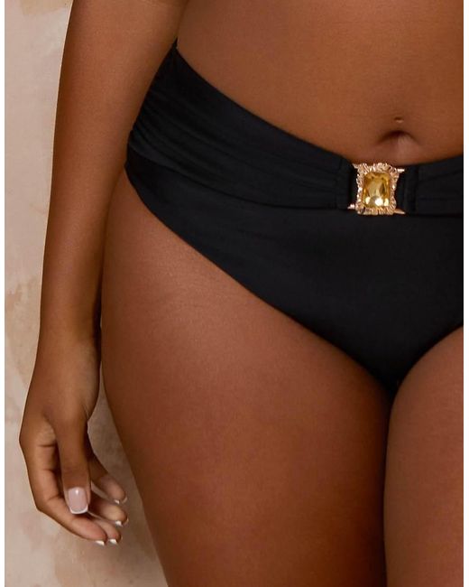 Moda Minx Curve Brown X Alessa Tyrrell-charles High Waisted Bikini Bottoms With Hardware Detail