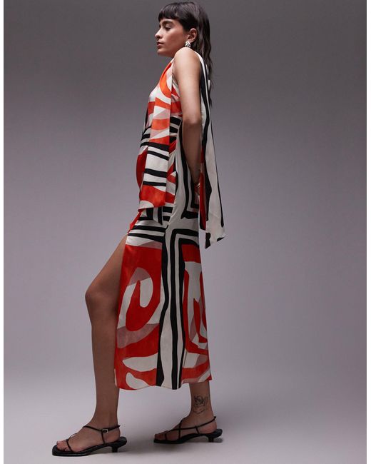 TOPSHOP Red – premium – drapiertes midikleid mit one-shoulder-träger und auffälligem print