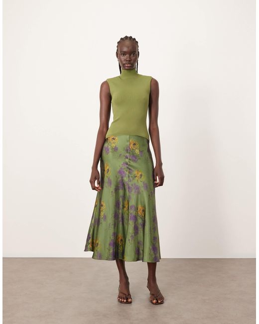 ARRANGE Green Knit Drop Waist Midi Dress With Satin Skirt