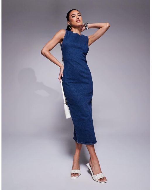 River Island Fitted Denim Midi Dress in Blue | Lyst River Island Fitted Denim Midi Dress in Blue | Lyst