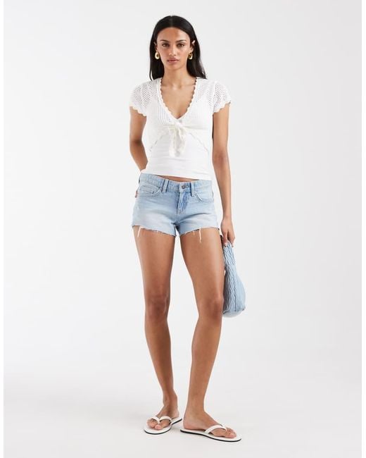 Hollister White Knitted Cropped Short Sleeve Tie Front Top