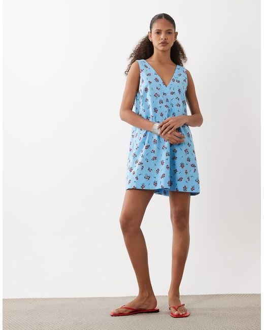 ASOS Blue Cotton Linen V Neck Smock Mini Dress