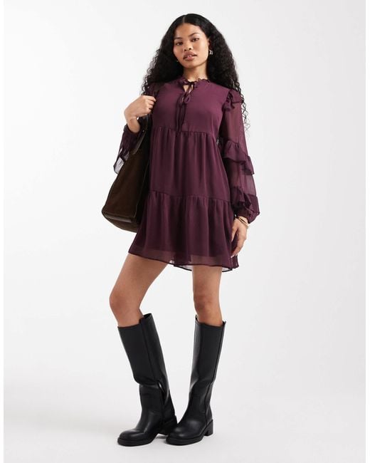 New Look Purple Ruffle Chiffon Long Sleeve Mini Dress