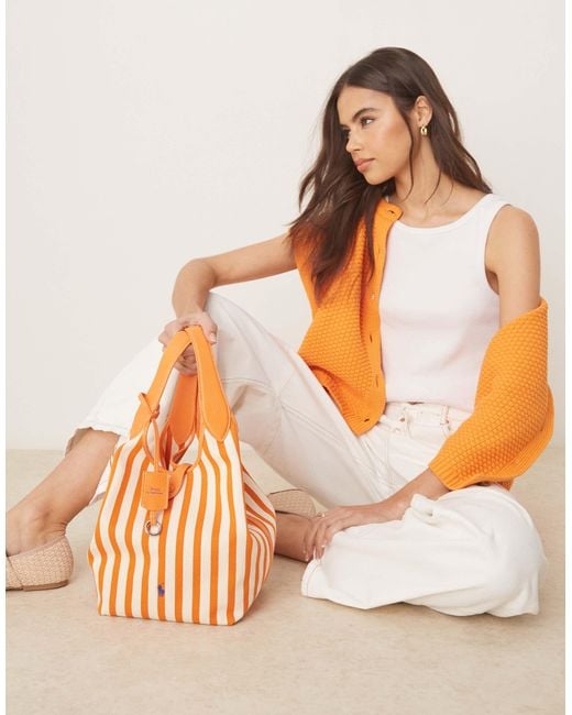 Polo Ralph Lauren Play Stripe Canvas Leather Medium Tote Bag