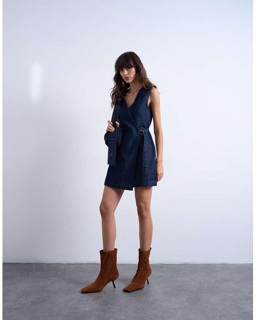 TOPSHOP Blue Denim Wrap Mini Dress