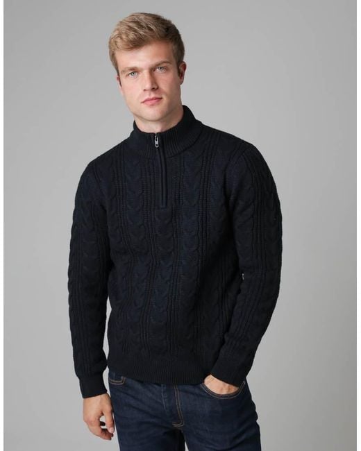 French Connection Blue 1/2 Zip Cable Knit Jumper for men