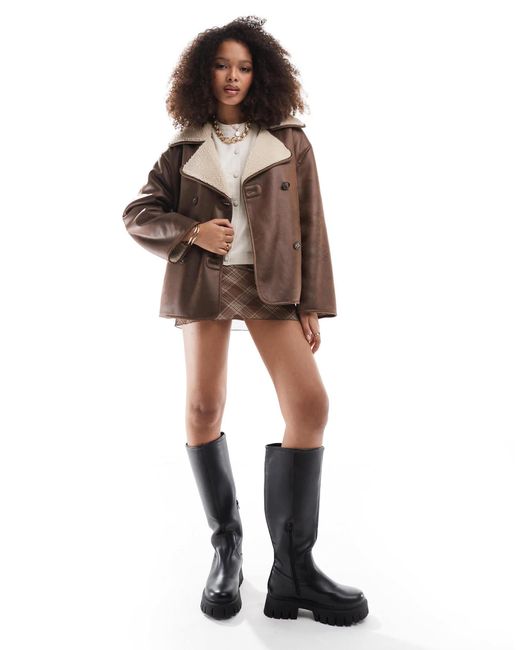 Stradivarius Brown Faux Leather Jacket With Borg Lining