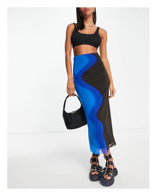 TOPSHOP Blue squiggle Placement Print Midi Skirt