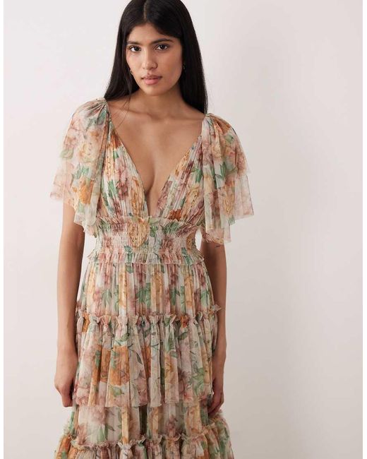 LACE & BEADS Natural Tulle Flutter Sleeve Tiered Maxi Dress
