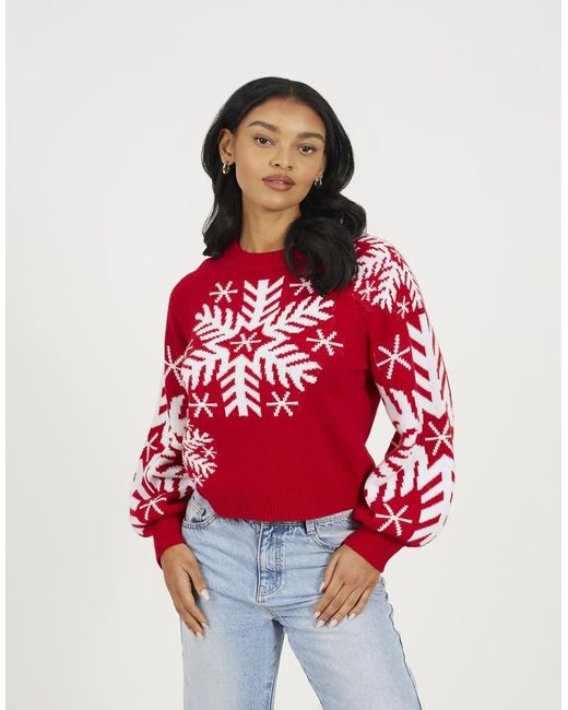 Brave Soul Red Crew Neck Snowflake Christmas Jumper