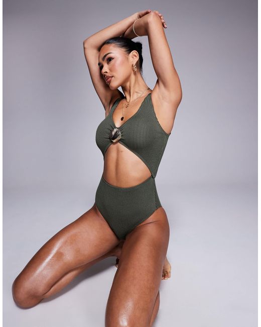 South Beach Gray Crinkle Stripe Cut Out Swimsuit