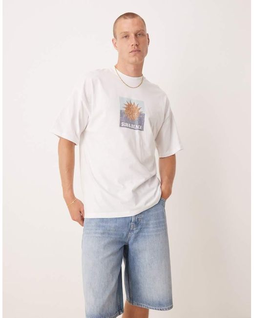 SELECTED Oversized T-Shirt Met Print Van Zon Op De Voorkant in het White voor heren